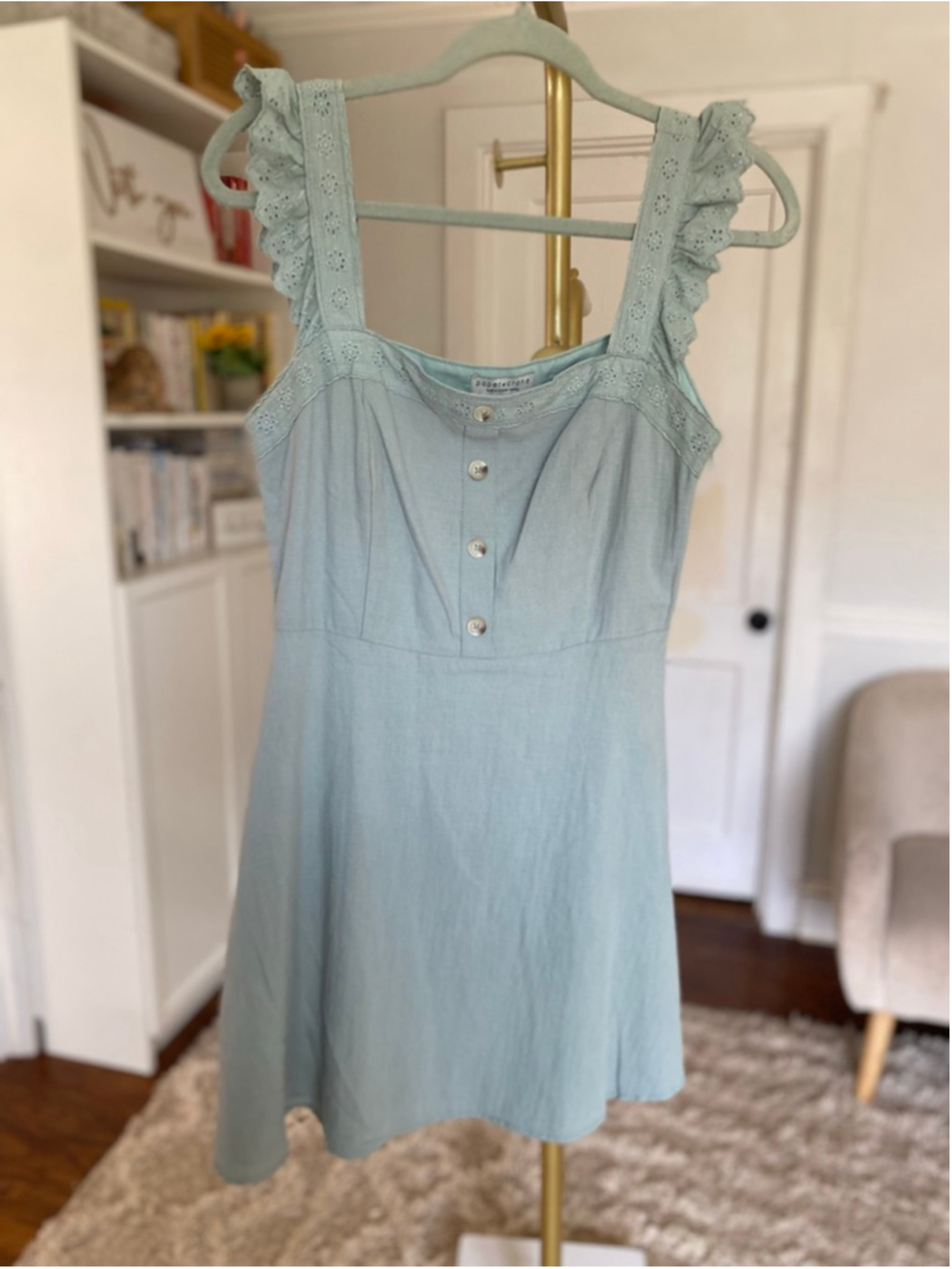 Paper Crane Light Green Eyelet Strap Mini Dress Coquette Cottagecore Romantic M - Picture 2 of 7